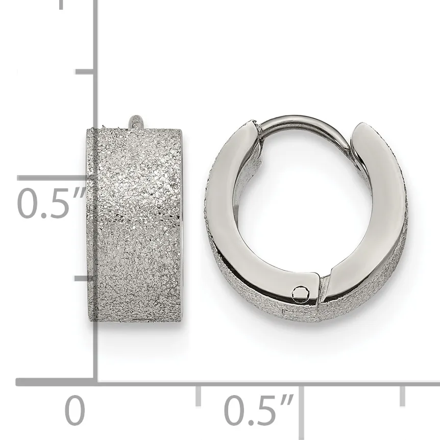 A pair of textured silver hoop earrings with a frosted finish, shown next to a measurement scale indicating they are approximately 0.5 inches in height.