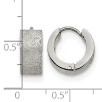 A pair of textured silver hoop earrings with a frosted finish, shown next to a measurement scale indicating they are approximately 0.5 inches in height.