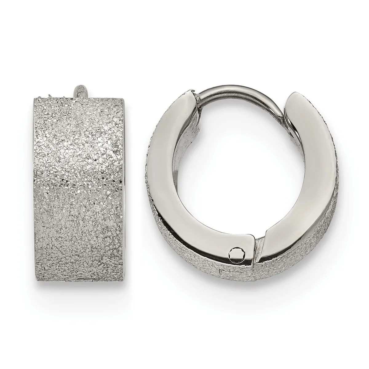 A pair of rectangular and circular silver-textured huggie earrings with hinged closures displayed against a white background.