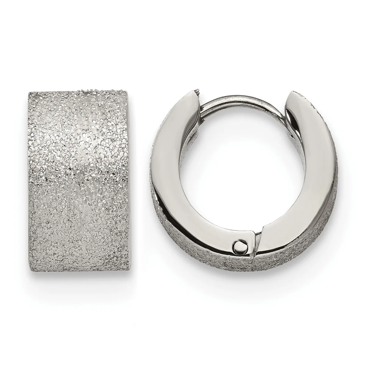 A pair of textured silver huggie hoop earrings displayed against a white background, shown from the front and side view.