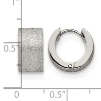Two stainless steel textured hoop earrings displayed next to a measurement scale showing them to be approximately 0.5 inches in diameter.