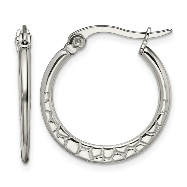 A pair of polished silver-toned hoop earrings with textured hammered surface detail, shown front and side view with leverback closures.
