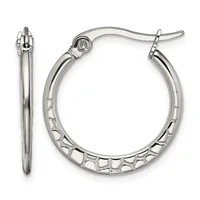 A pair of polished silver-toned hoop earrings with textured hammered surface detail, shown front and side view with leverback closures.