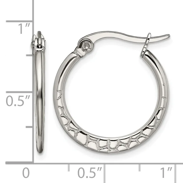 Silver-toned hoop earrings with textured surface shown from front and side view with measurement scale indicating approximately one inch diameter.