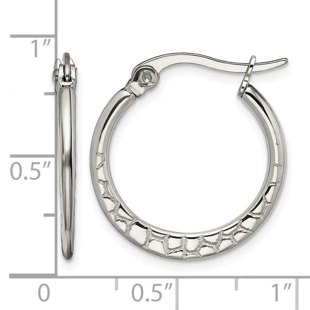 Silver-toned hoop earrings with textured surface shown from front and side view with measurement scale indicating approximately one inch diameter.