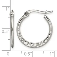 Silver-toned hoop earrings with textured surface shown from front and side view with measurement scale indicating approximately one inch diameter.