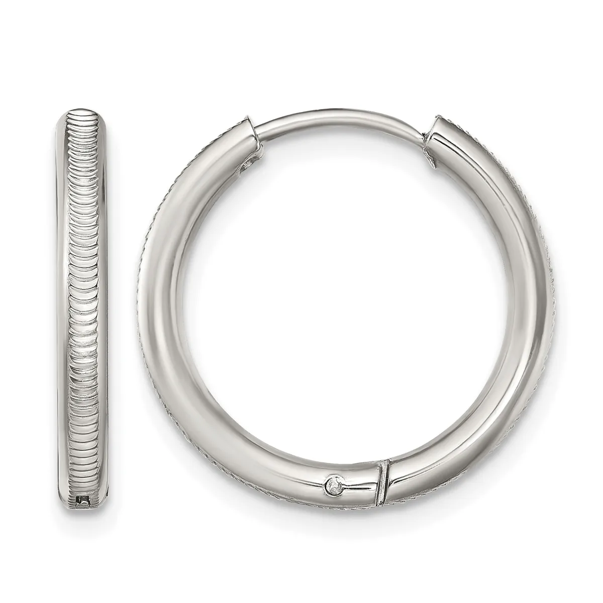 A pair of polished silver hoop earrings with textured surface detail, shown from front and side views.