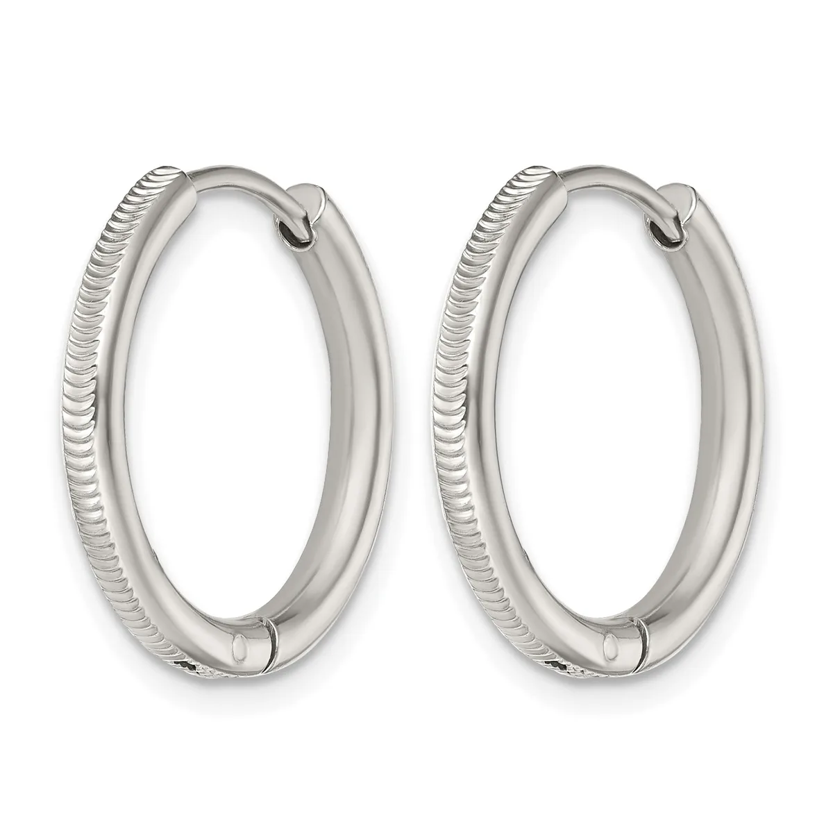 A pair of polished silver hoop earrings with textured ridged sides and hinged closures, shown from the front.