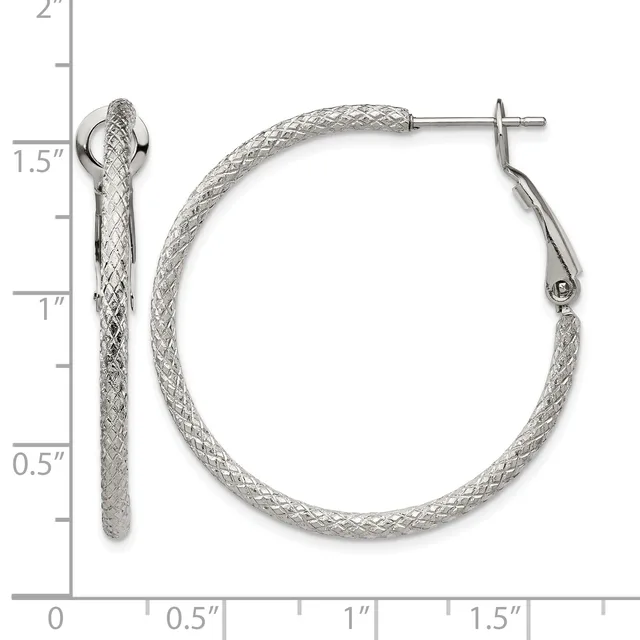 A pair of silver hoop earrings with a textured woven mesh finish, displayed against a measurement scale showing they are approximately 1.5 inches in diameter.