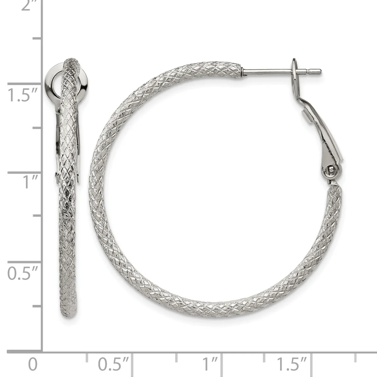 A pair of silver hoop earrings with a textured woven mesh finish, displayed against a measurement scale showing they are approximately 1.5 inches in diameter.