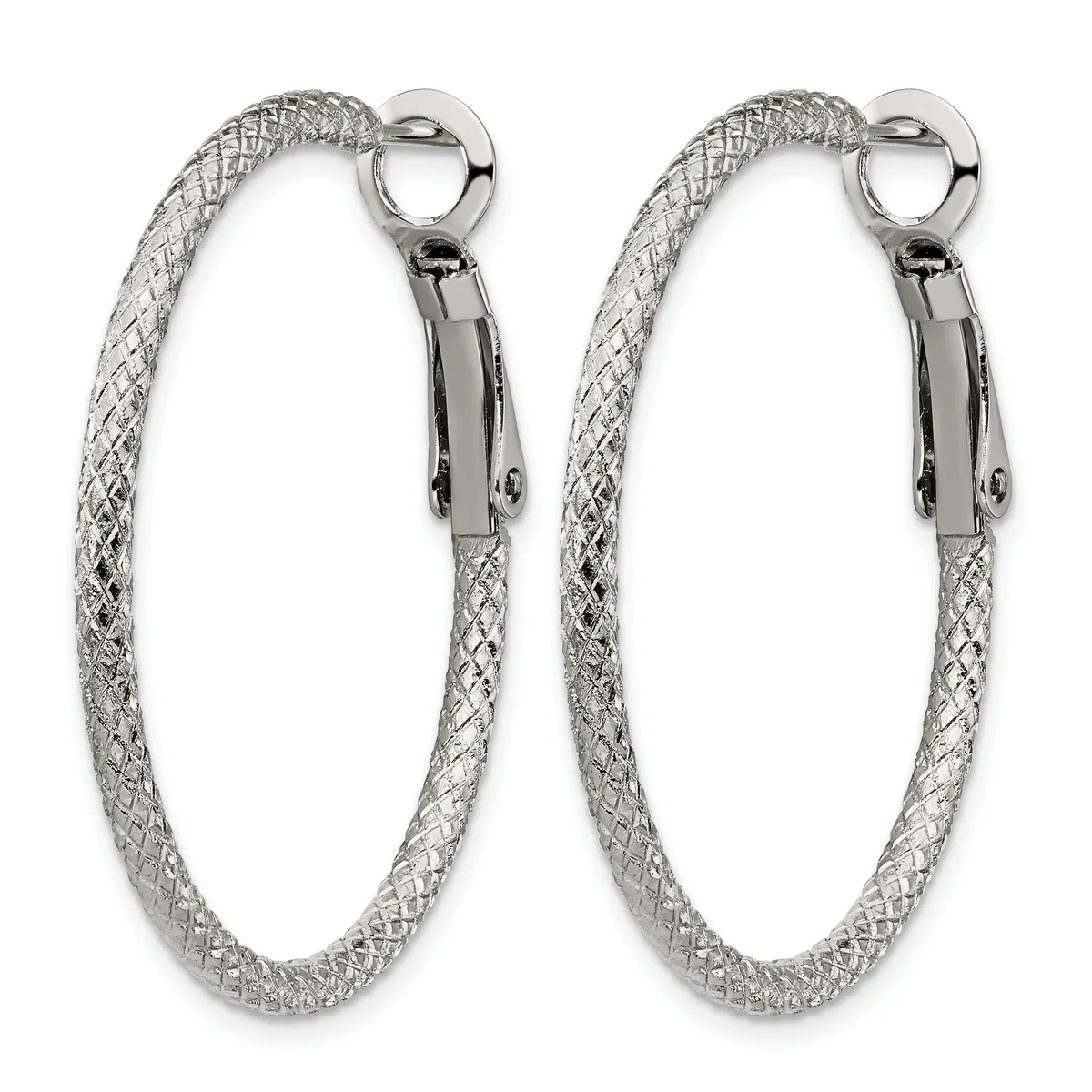 Pair of silver-toned mesh tube hoop earrings with hinged clasp closings, displayed side by side against a white background.
