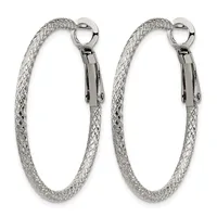 Pair of silver-toned mesh tube hoop earrings with hinged clasp closings, displayed side by side against a white background.