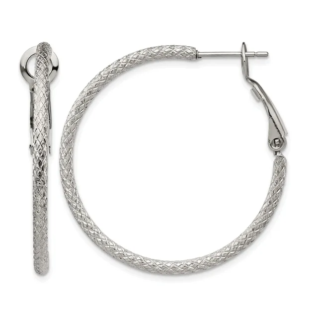 A pair of silver textured hoop earrings with post and hinged closure backs, shown from front and side views.