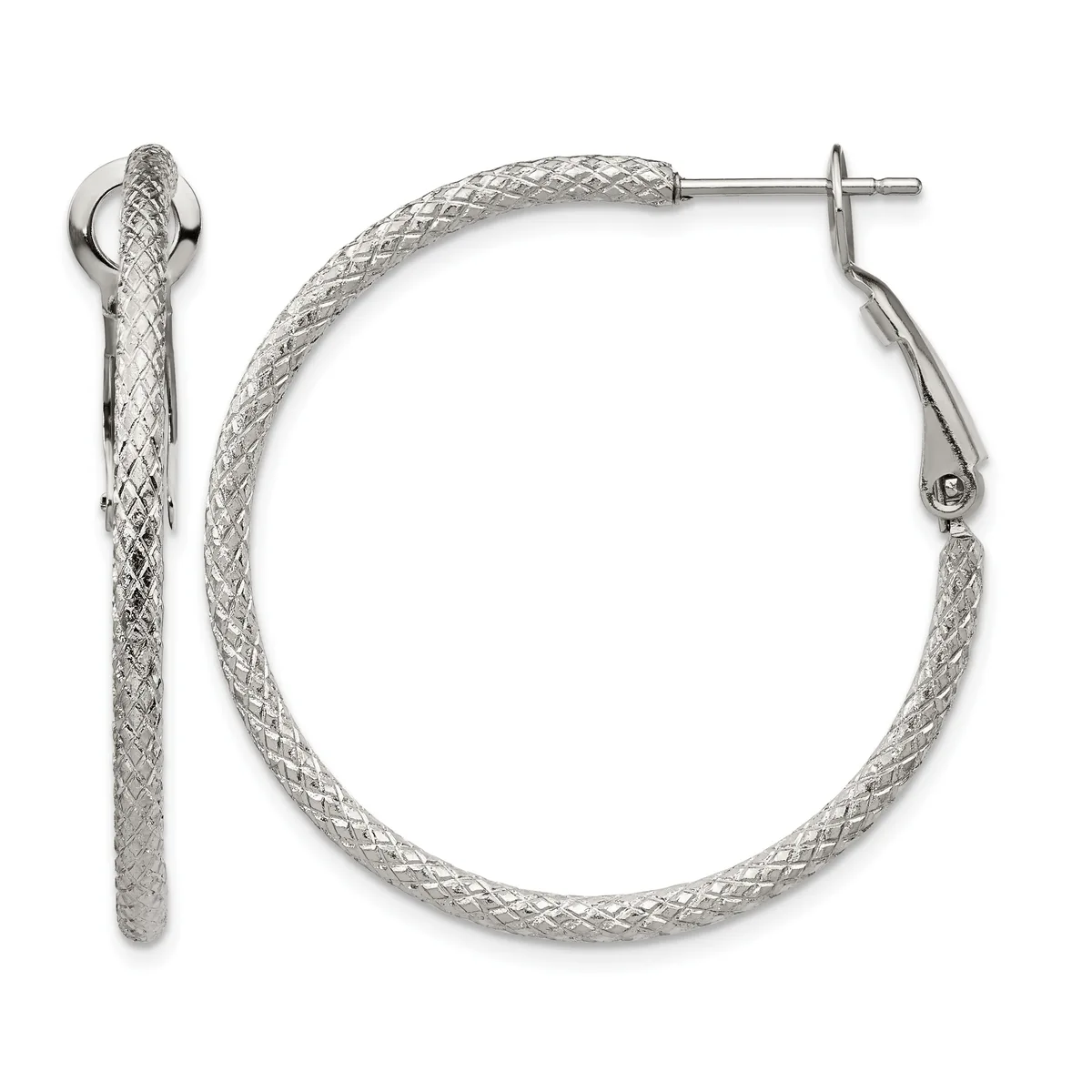 A pair of silver textured hoop earrings with post and hinged closure backs, shown from front and side views.