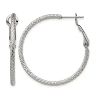 A pair of silver textured hoop earrings with post and hinged closure backs, shown from front and side views.