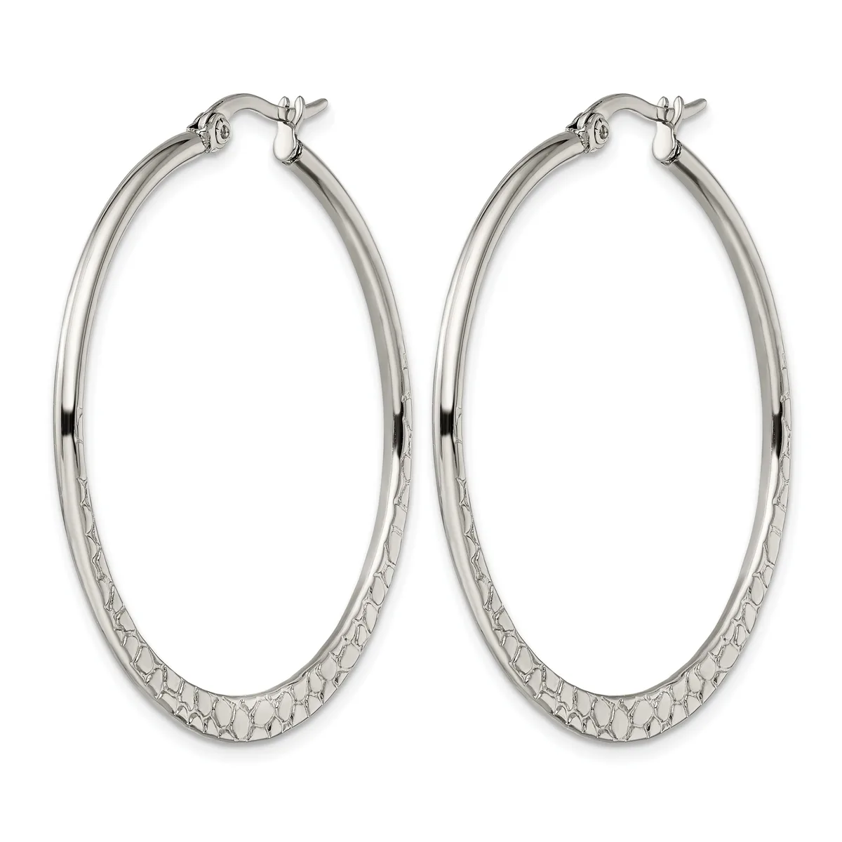 Pair of silver-tone oval hoop earrings with textured lower halves and polished upper sections, featuring post and clutch closures.