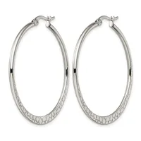 Pair of silver-tone oval hoop earrings with textured lower halves and polished upper sections, featuring post and clutch closures.