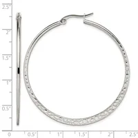 Silver-tone hoop earrings with textured surface, shown front and side view against a ruler measuring approximately 2.25 inches in diameter.