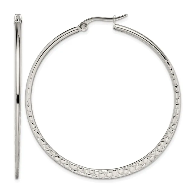 A pair of silver hoop earrings with a textured surface and hinged posts, shown from front and side views.
