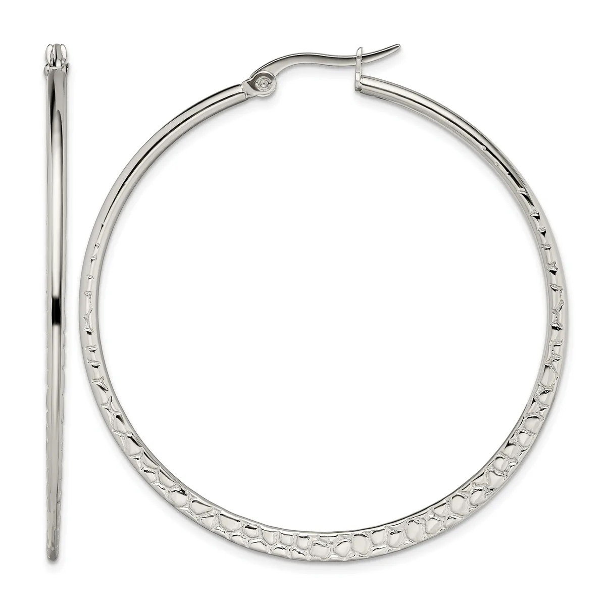 A pair of silver hoop earrings with a textured surface and hinged posts, shown from front and side views.