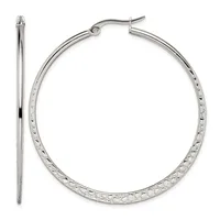 A pair of silver hoop earrings with a textured surface and hinged posts, shown from front and side views.