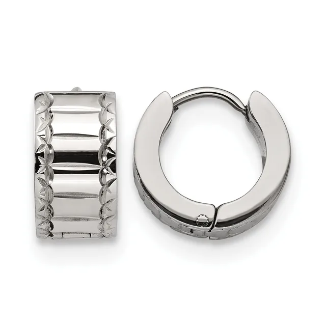 Two sterling silver huggie hoop earrings with a textured crosshatch pattern, shown from front and side views.