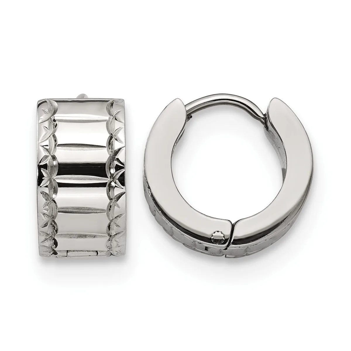 Two sterling silver huggie hoop earrings with a textured crosshatch pattern, shown from front and side views.