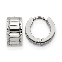 Two sterling silver huggie hoop earrings with a textured crosshatch pattern, shown from front and side views.
