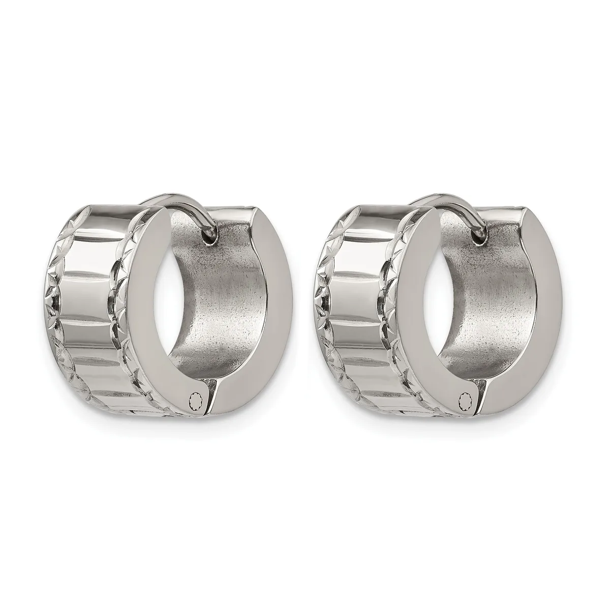 A pair of polished silver-tone huggie hoop earrings with textured sides and hinged closures, shown from the front.