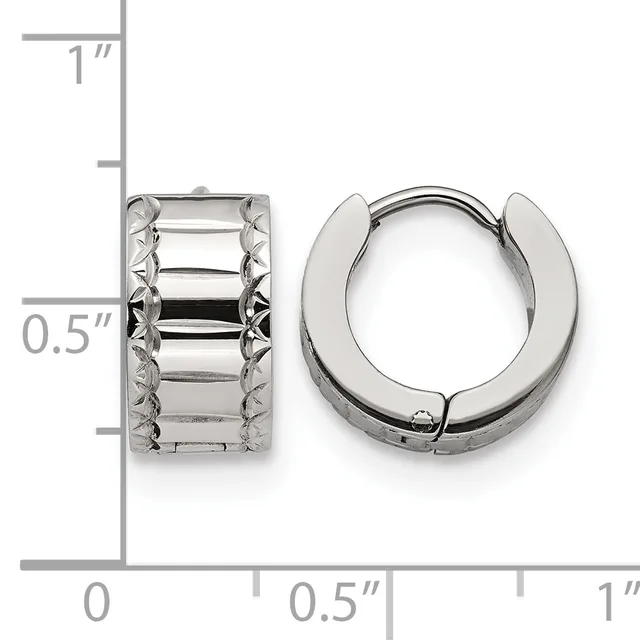 Two silver hoop earrings displayed next to a ruler showing measurements of approximately 0.5 inches in height and width.