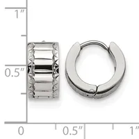 Two silver hoop earrings displayed next to a ruler showing measurements of approximately 0.5 inches in height and width.