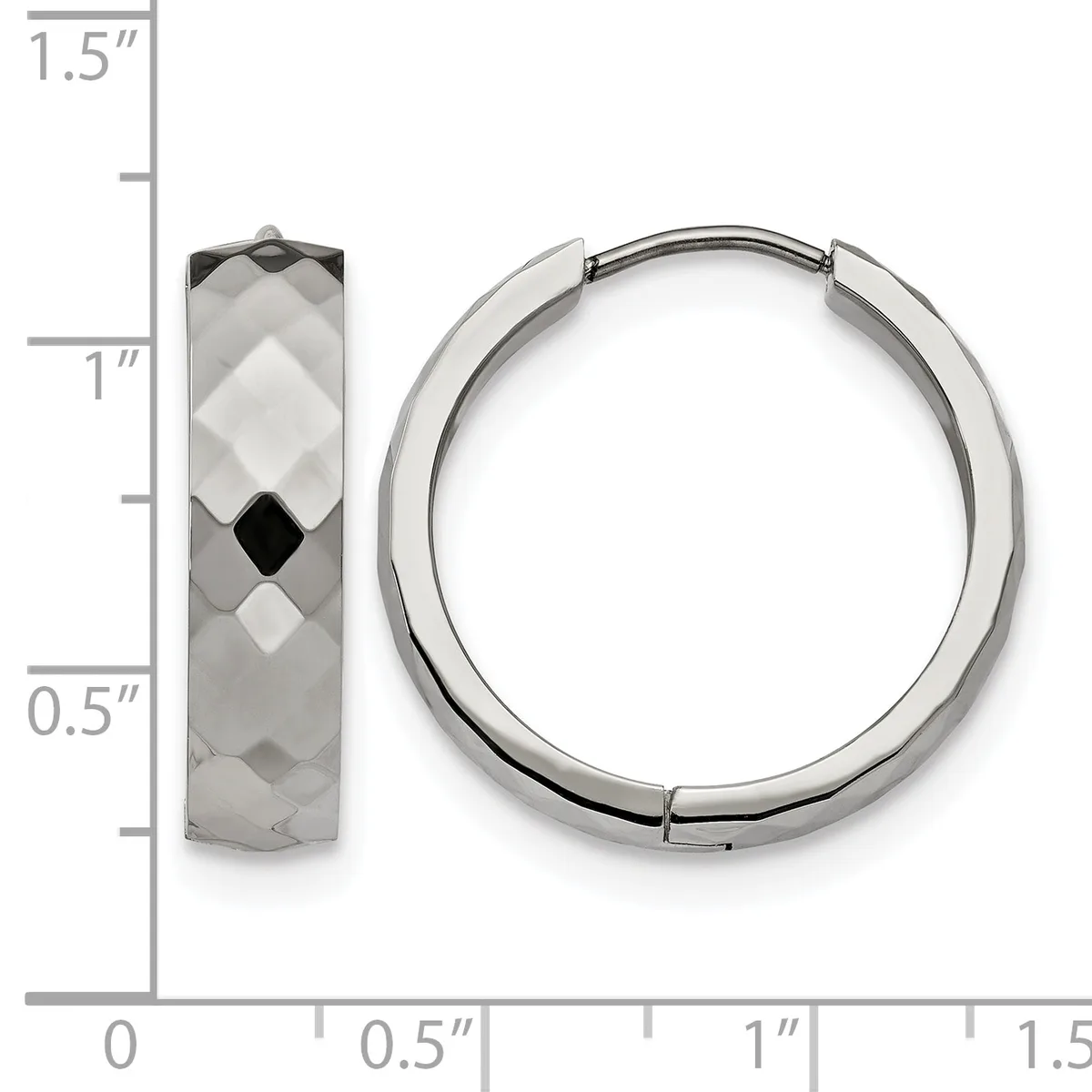 A pair of silver hoop earrings with faceted surfaces displayed next to a side view of a single textured hoop earring on a measurement scale.