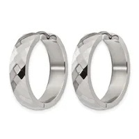 A pair of polished silver hoop earrings with faceted texture on the outer surface and a hinged closure.