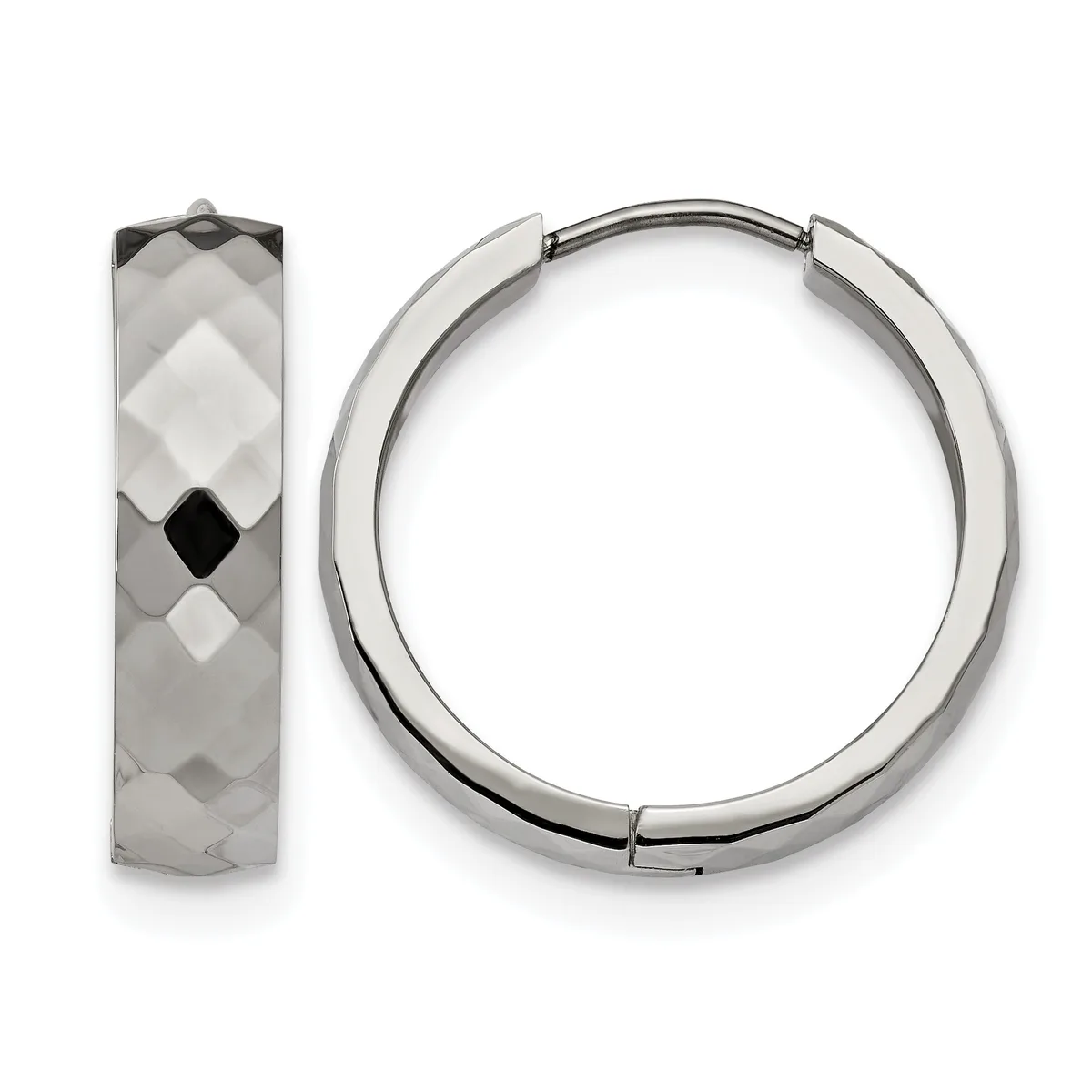 Pair of polished silver hoop earrings with faceted black and white diamond-shaped inlay pattern, shown from front and side views.