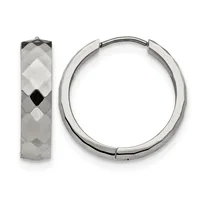 Pair of polished silver hoop earrings with faceted black and white diamond-shaped inlay pattern, shown from front and side views.