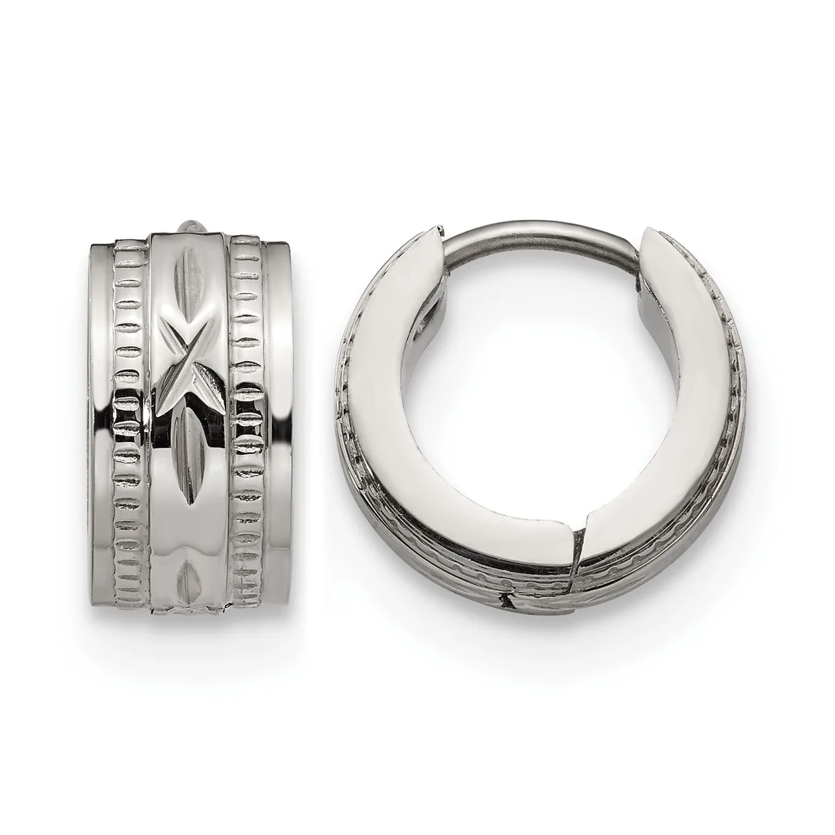 Pair of polished silver-tone hinged hoop earrings with textured linear detailing and a central X motif, shown from front and side views.