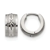 Pair of polished silver-tone hinged hoop earrings with textured linear detailing and a central X motif, shown from front and side views.