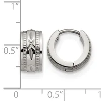 Pair of polished silver-toned chunky hoop earrings with textured center band and linear detailing, shown next to a measurement scale.