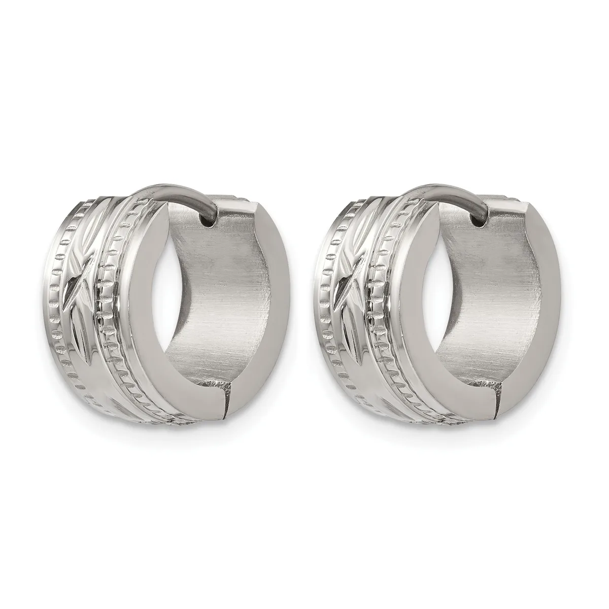 Pair of polished silver huggie hoop earrings with textured and patterned bands, shown from the front.