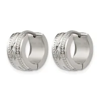 Pair of polished silver huggie hoop earrings with textured and patterned bands, shown from the front.