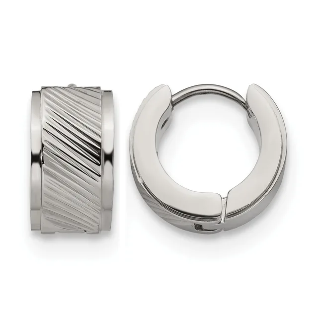 Pair of polished silver-tone hinged hoop earrings, one showing a diagonal lined texture pattern and one plain, displayed front and back views.