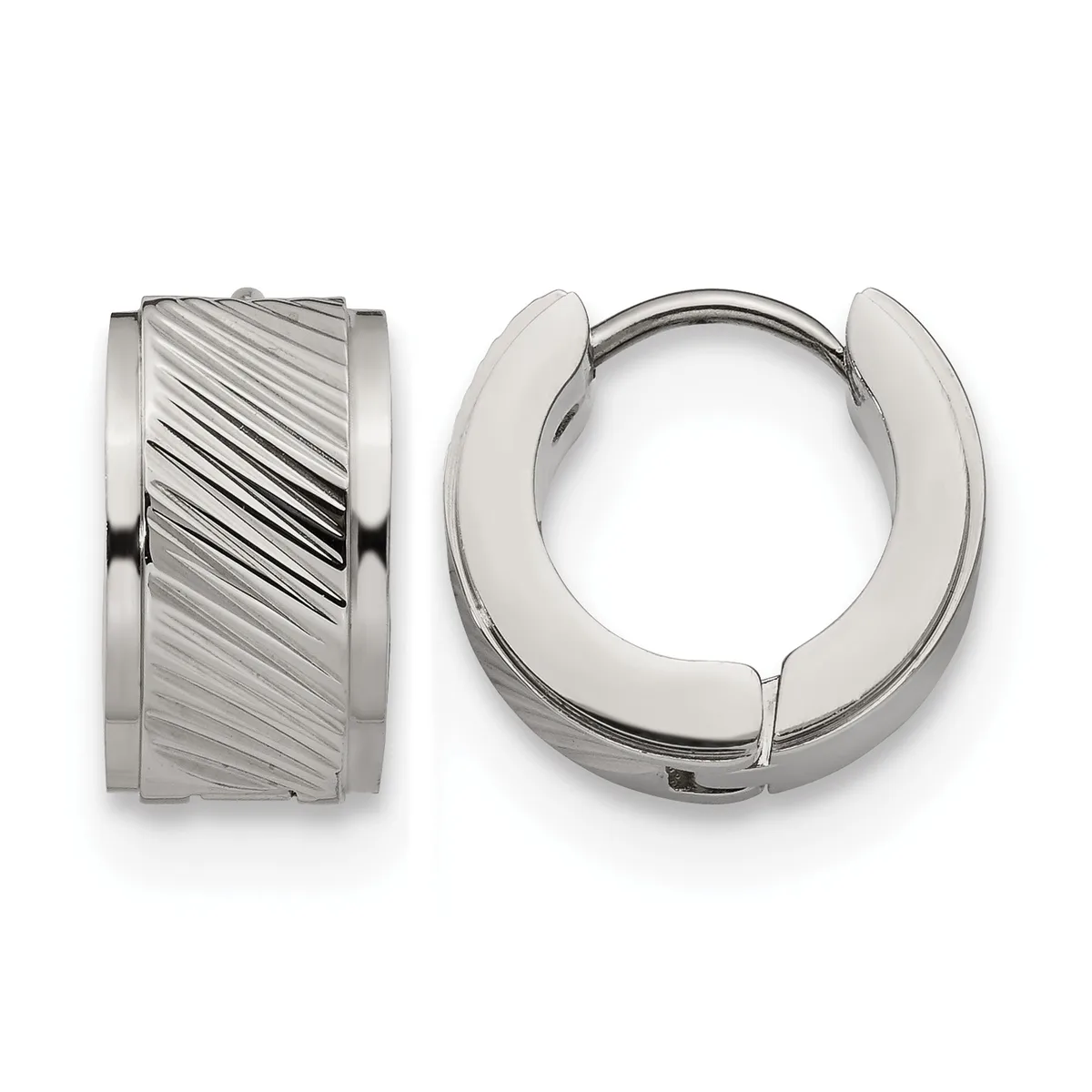 Pair of polished silver-tone hinged hoop earrings, one showing a diagonal lined texture pattern and one plain, displayed front and back views.