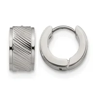 Pair of polished silver-tone hinged hoop earrings, one showing a diagonal lined texture pattern and one plain, displayed front and back views.