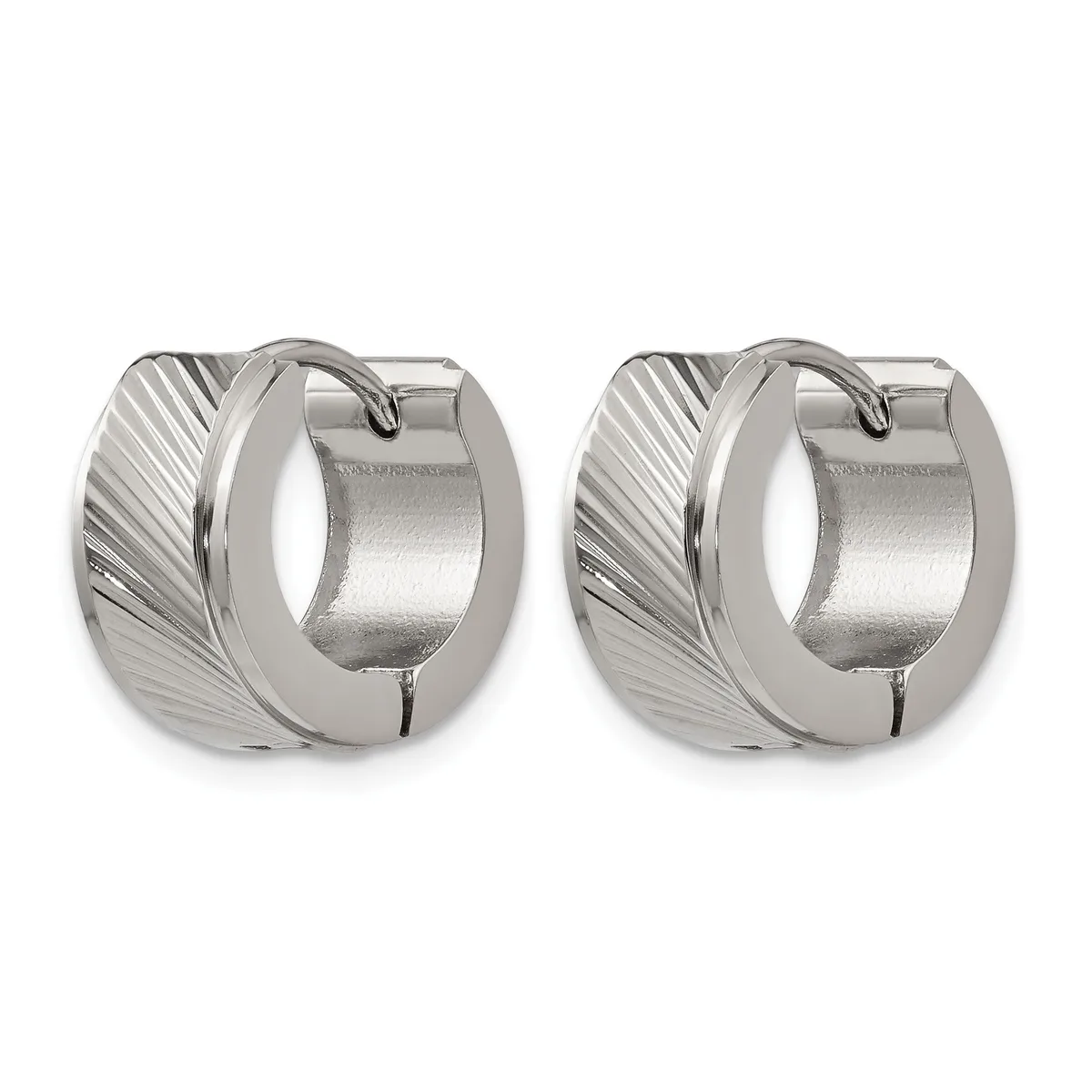 Pair of polished silver-tone chunky hoop earrings with diagonal stripe textured surfaces on the outer edges.