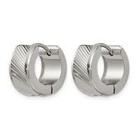Pair of polished silver-tone chunky hoop earrings with diagonal stripe textured surfaces on the outer edges.