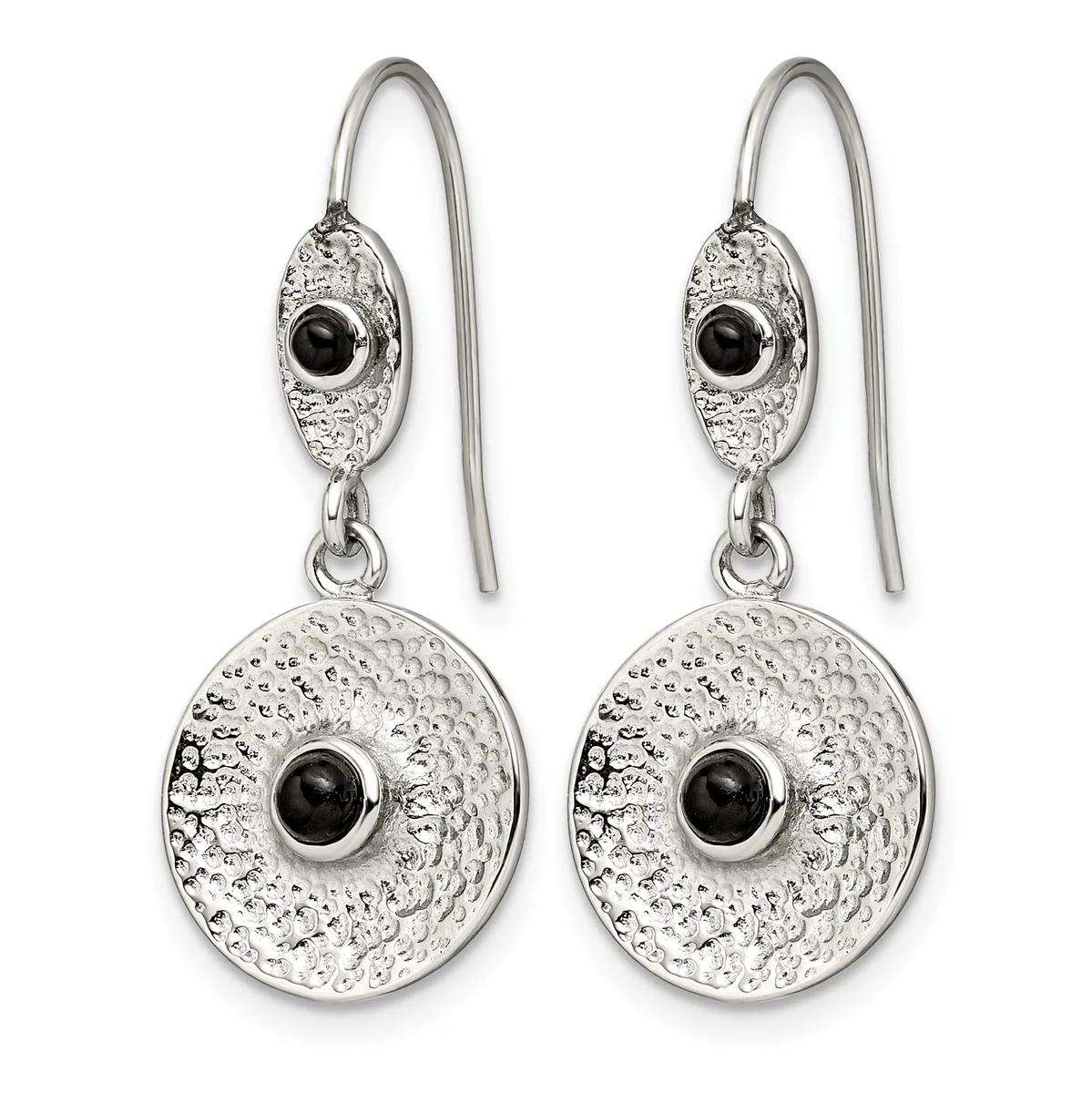 Pair of silver drop earrings with textured oval and circular disc elements, each centered with a black onyx stone, suspended from wire hooks.