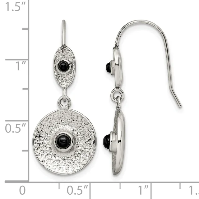 Silver dangle earrings with textured oval tops and larger circular bottoms featuring black onyx stones, shown against a ruler measuring approximately 1.25 inches in length.