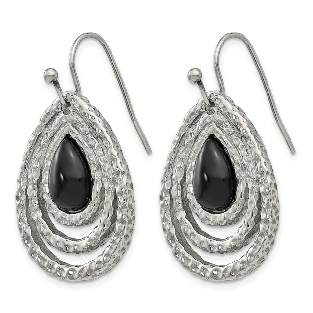 A pair of silver teardrop earrings with textured outer layers surrounding black onyx centers, displayed against a white background.
