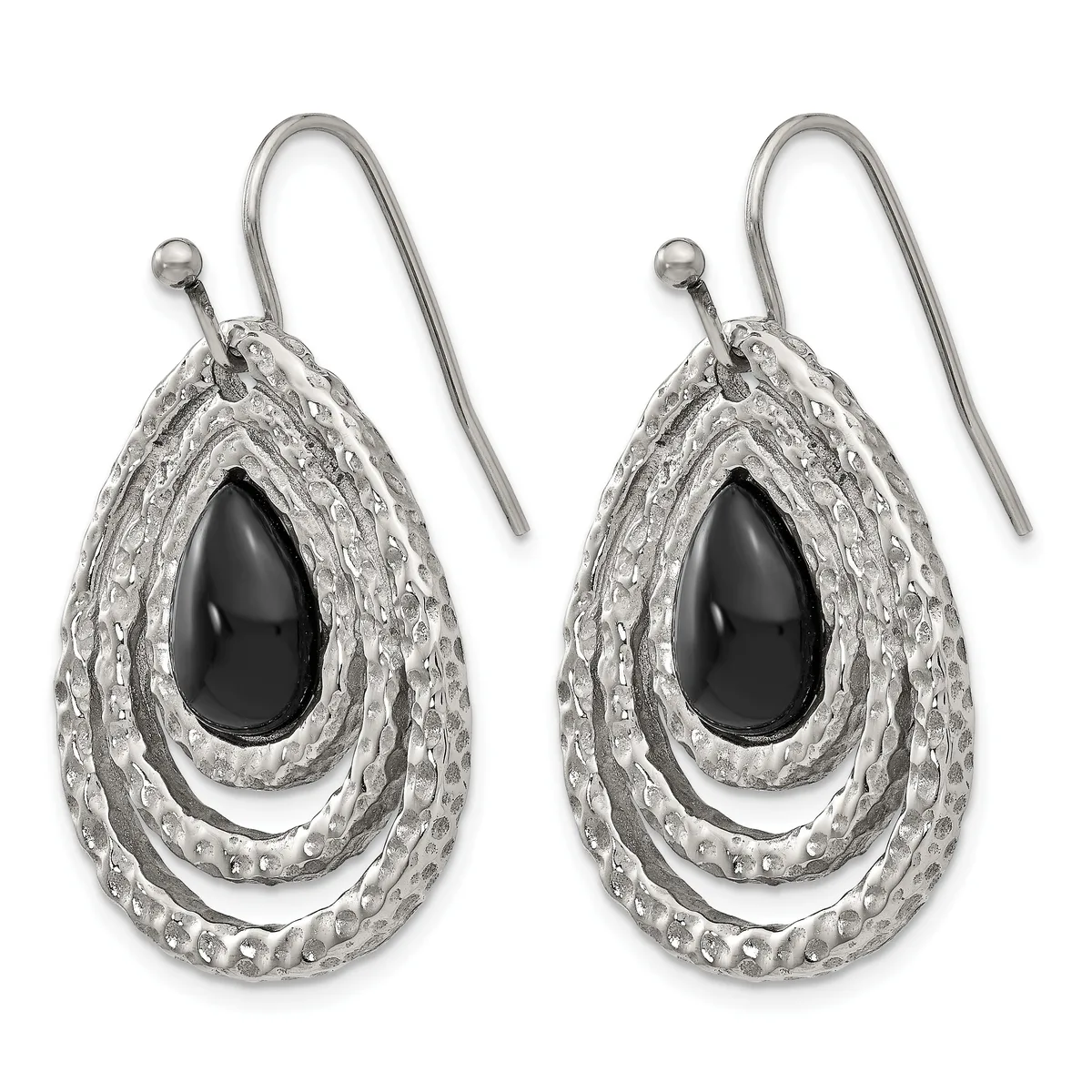A pair of silver teardrop earrings with textured outer layers surrounding black onyx centers, displayed against a white background.
