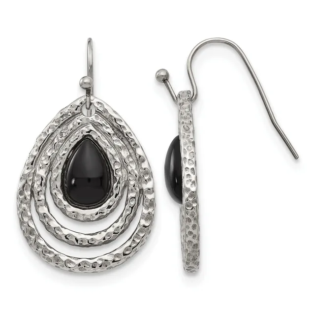 Pair of silver teardrop earrings with concentric textured frames surrounding black onyx centers, shown front and side view with fish hook closures.